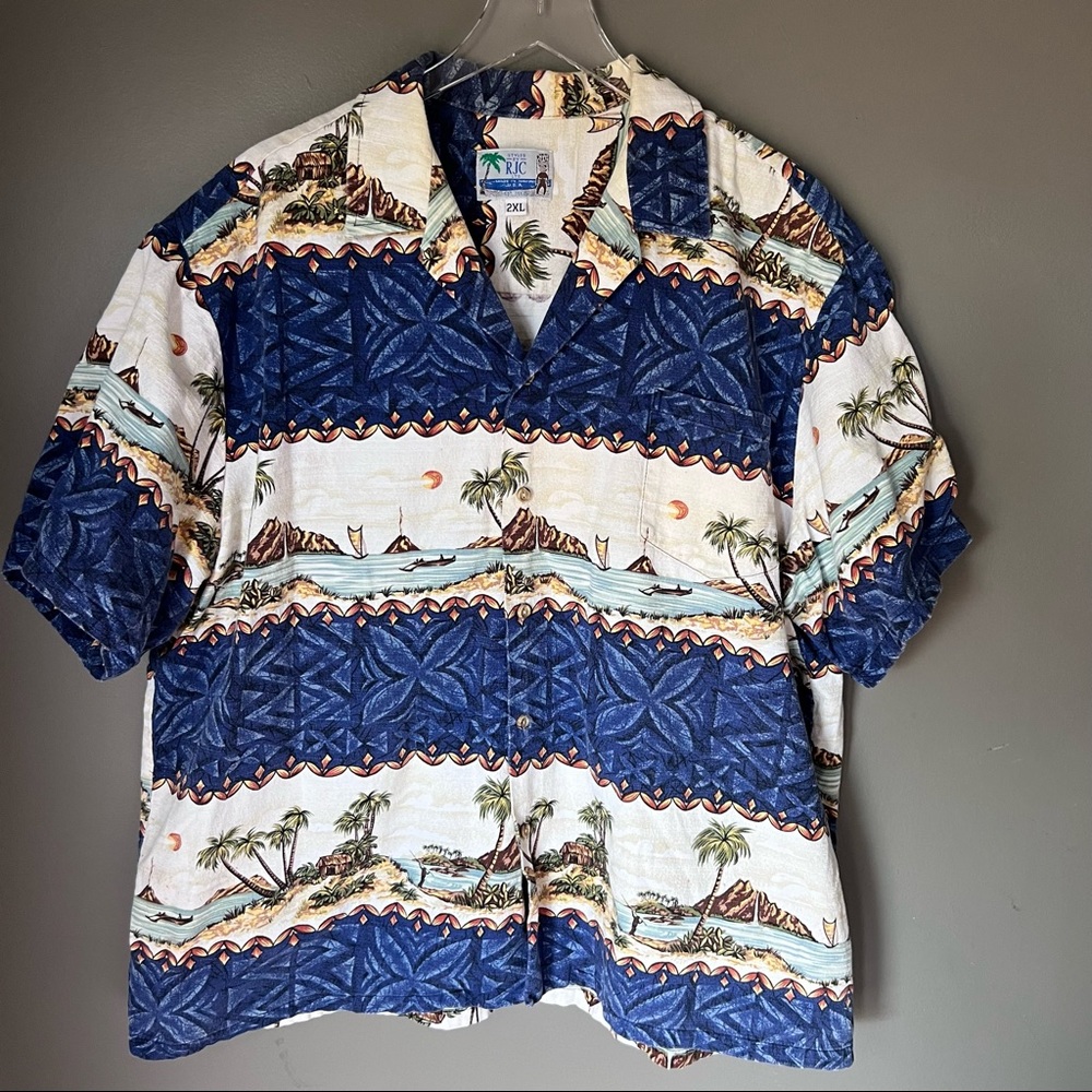 RJC Hawaiian Button Down Short Sleeve Shirt Vtg Bark Cloth XXL Tiki Aloha Camp
